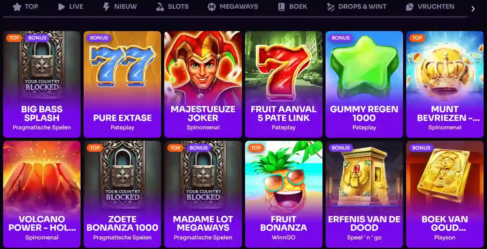 Actuele weergave van de Betzard spellobby en categorieën
