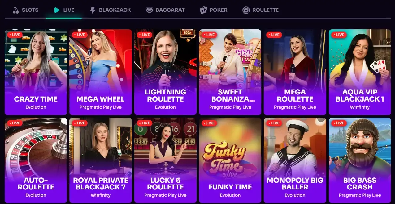 Actuele weergave van de Betzard live casino lobby