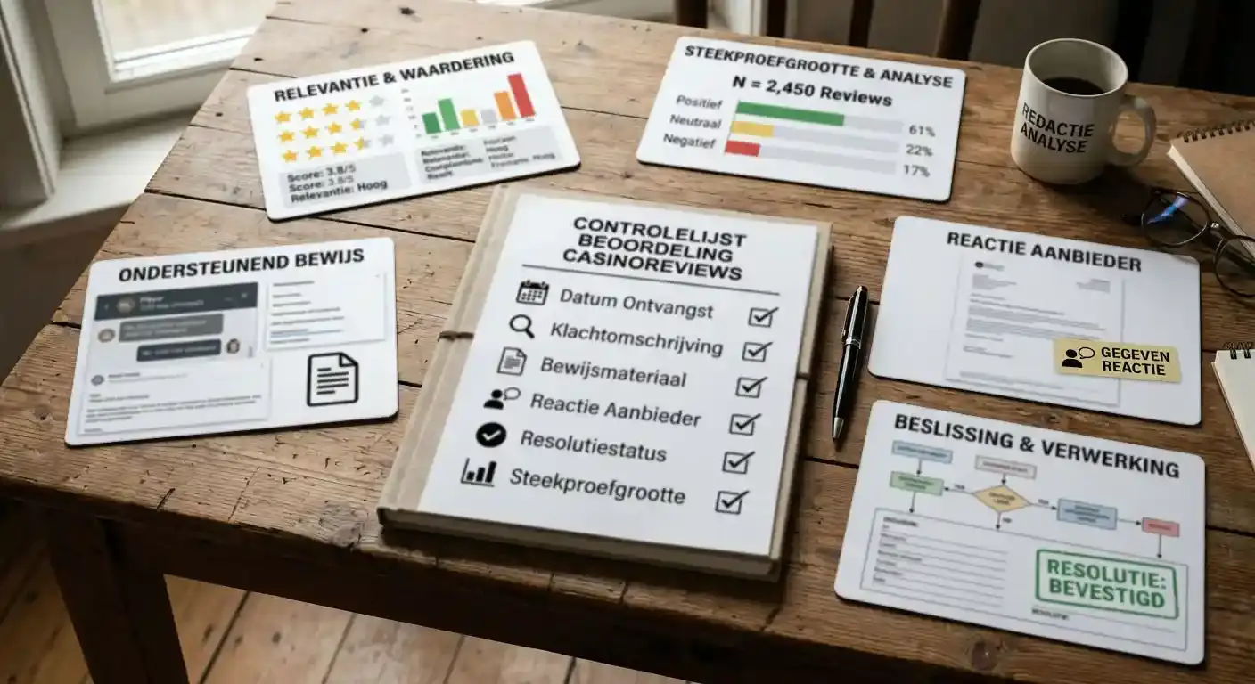 Redactionele illustratie van een neutrale methode om online casino beoordelingen op bewijs, actualiteit en oplossing te beoordelen