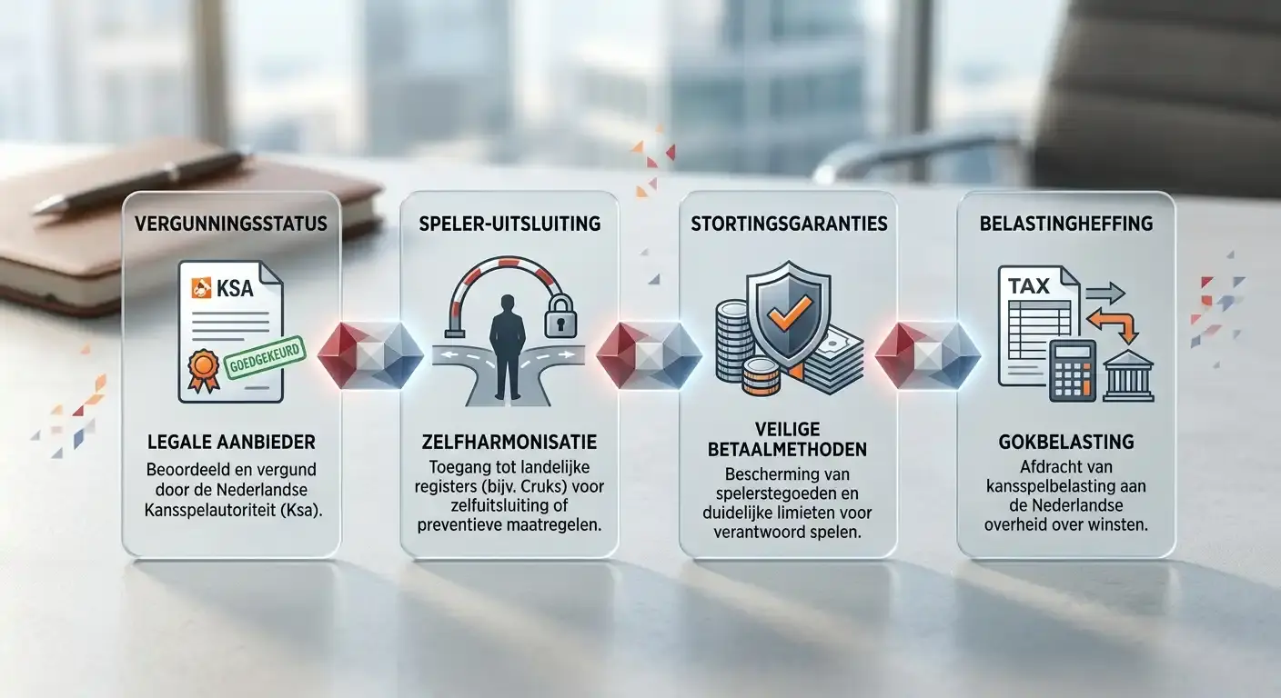 Redactionele illustratie van Nederlandse regels rond online gokken met vergunning, Cruks, stortingsgrenzen en belasting als afzonderlijke controlepunten